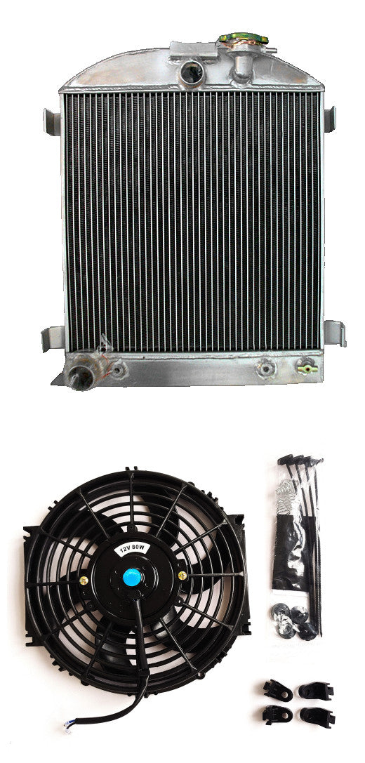 3 ROW Aluminum Radiator & FAN For 1932 FORD CHOPPED FORD ENGINE AT 1932